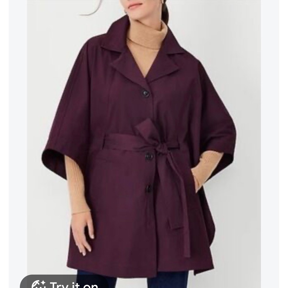 Ann Taylor Womens Plum Purple Belted Cape Jacket Trench poncho Size M/L NWT